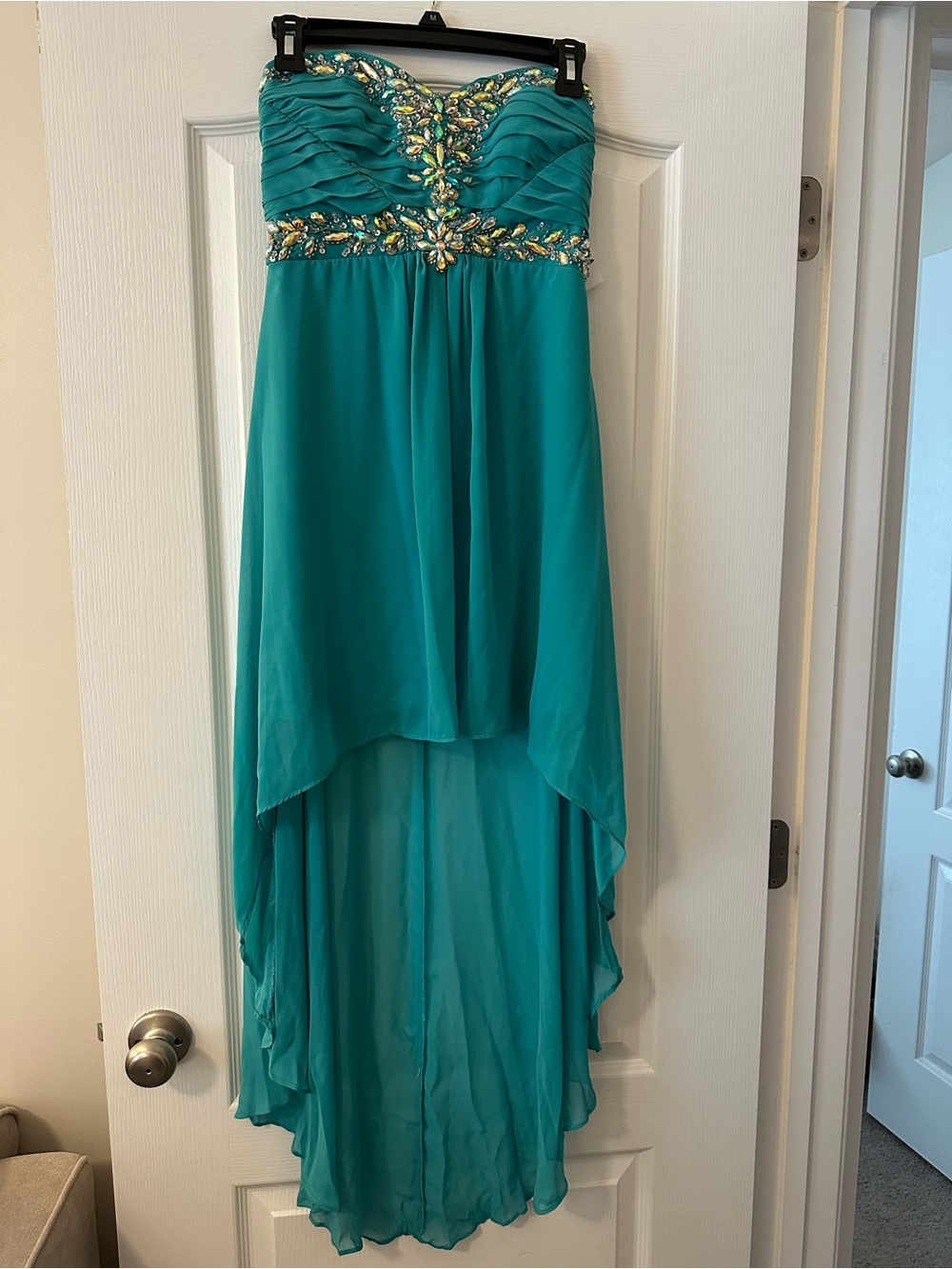Deb Strapless Teal High-Low Chiffon Dress with Beaded Bodice